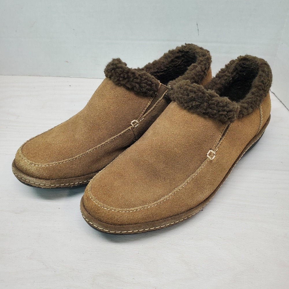 Lands End Women's Tan Suede Moccasin Slippers‎ with Cozy Faux Fur Lining Size 8B